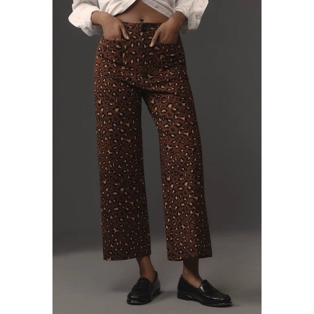 Anthropologie Maeve Colette Crop Wide Leg PONTE Pants Sz 26 Brown Leopard Print